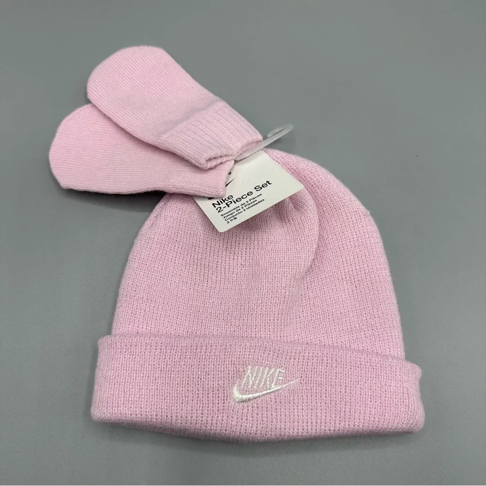 Nike Beanie Hat and Mittens 2 Piece Toddler Baby Set Size 12/24M Pink